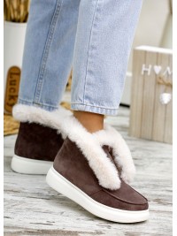 Жіночі замшеві короткі черевики (хутро) кавового кольору 34925