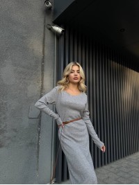 Ангорова сукня мiдi з поясом сiрого кольору 34932
