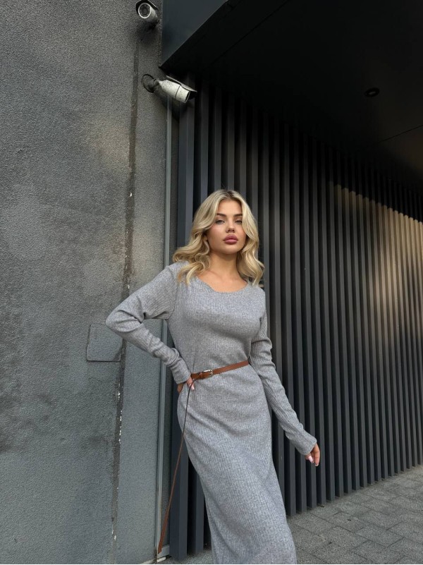 Ангорова сукня мiдi з поясом сiрого кольору 34932