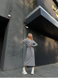 Ангорова сукня мiдi з поясом сiрого кольору 34932