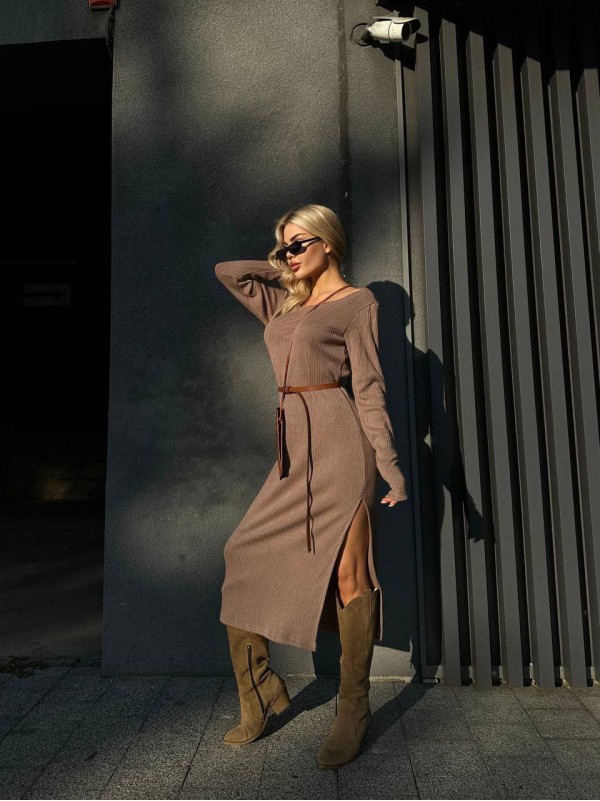 Ангорова сукня мiдi з поясом кавового кольору 34935