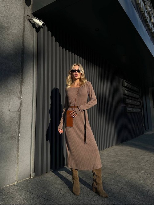 Ангорова сукня мiдi з поясом кавового кольору 34935