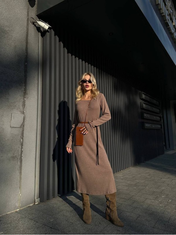 Ангорова сукня мiдi з поясом кавового кольору 34935