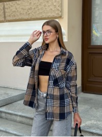 Жіноча фланелева сорочка з розрізом на рукавах синього кольору 34947