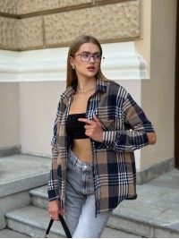 Жіноча фланелева сорочка з розрізом на рукавах синього кольору 34947