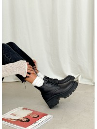 Жіночі шкіряні черевики на підборах (хутро) чорного кольору 34970