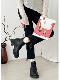 Жіночі шкіряні черевики на підборах (хутро) чорного кольору 34970