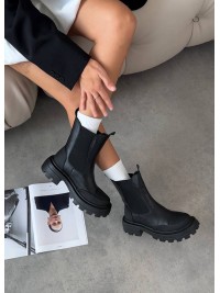 Жіночі шкіряні черевики з резинкою (байка) чорного кольору 34972