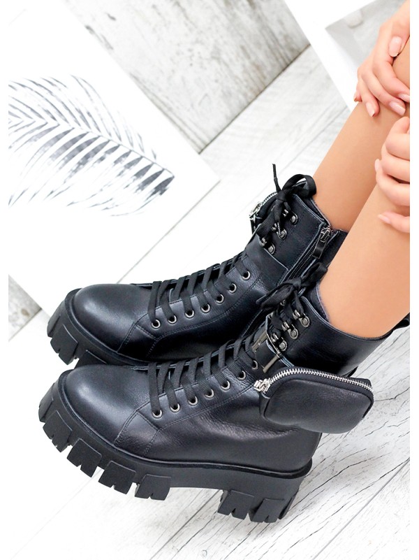 Жіночі шкіряні черевики з гаманцем (хутро) чорного кольору 34975