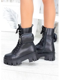 Жіночі шкіряні черевики з гаманцем (хутро) чорного кольору 34975