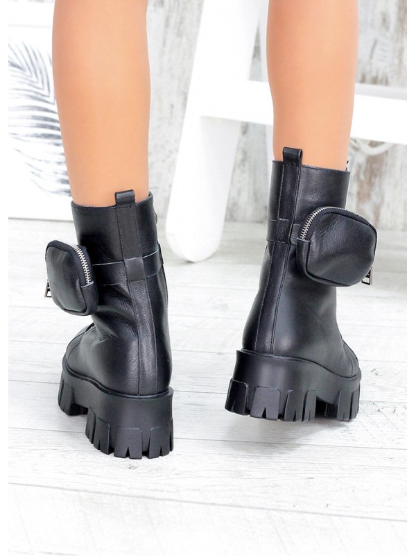 Жіночі шкіряні черевики з гаманцем (байка) чорного кольору 34976