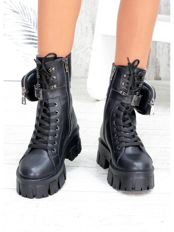 Жіночі шкіряні черевики з гаманцем (байка) чорного кольору 34976