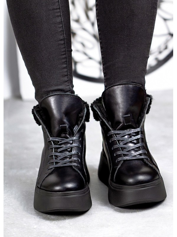 Жіночі шкіряні черевики Тедді (байка) чорного кольору 34977