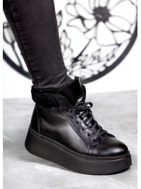 Жіночі шкіряні черевики Тедді (цигейка) чорного кольору 34979