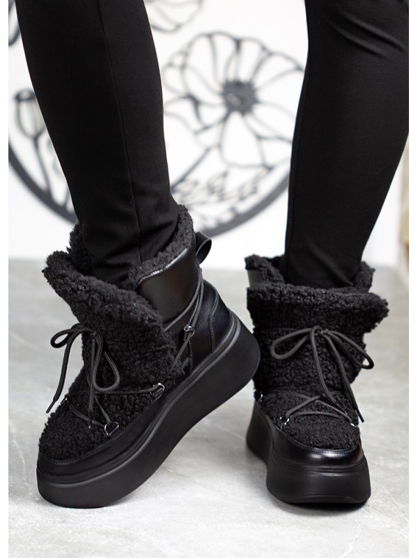 Жіночі шкіряні черевики Тедді на шнурівці (цигейка) чорного кольору 34980