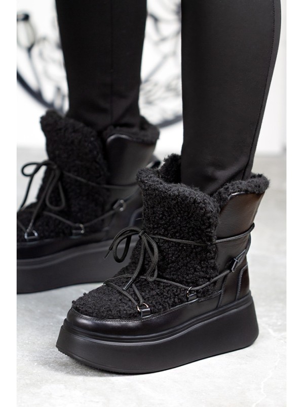 Жіночі шкіряні черевики Тедді на шнурівці (цигейка) чорного кольору 34980