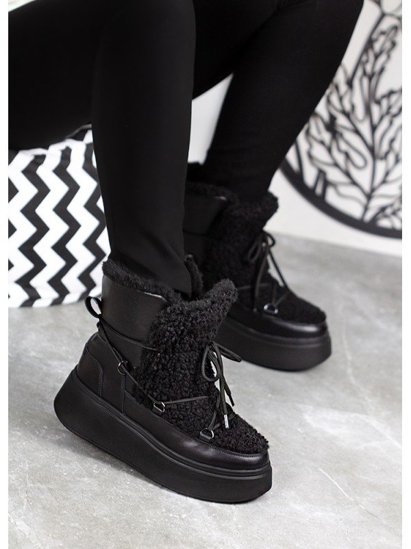 Жіночі шкіряні черевики Тедді на шнурівці (цигейка) чорного кольору 34980
