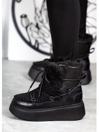 Жіночі шкіряні черевики Тедді на шнурівці (хутро) чорного кольору 34981
