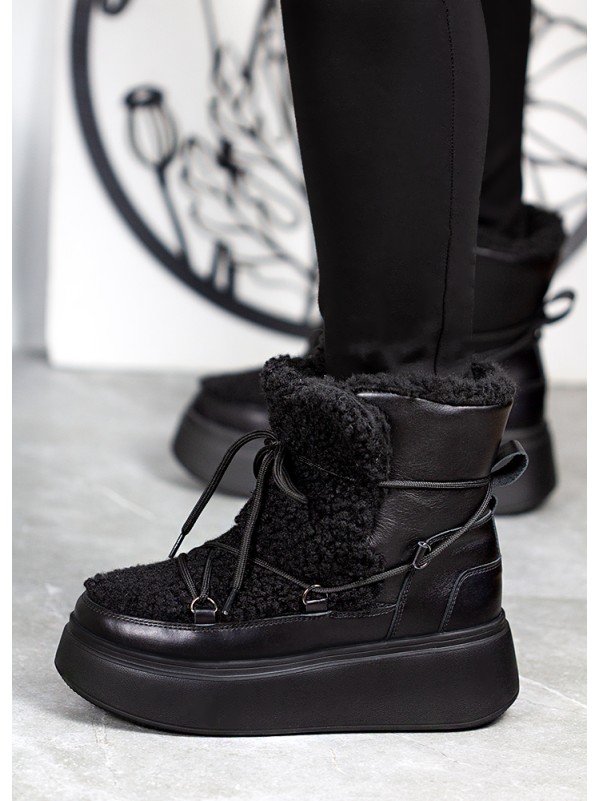 Жіночі шкіряні черевики Тедді на шнурівці (хутро) чорного кольору 34981