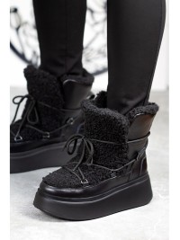 Жіночі шкіряні черевики Тедді на шнурівці (хутро) чорного кольору 34981