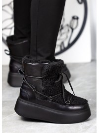 Жіночі шкіряні черевики Тедді на шнурівці (хутро) чорного кольору 34981