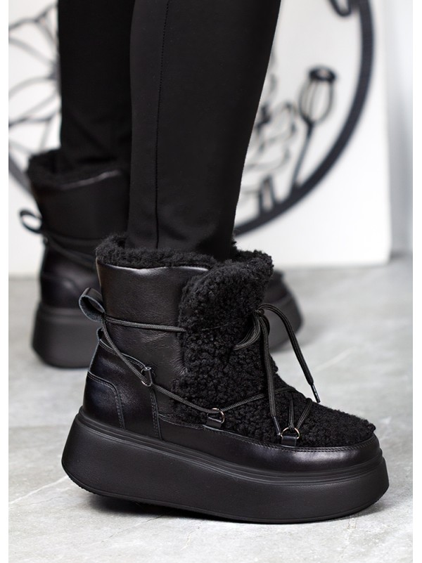 Жіночі шкіряні черевики Тедді на шнурівці (хутро) чорного кольору 34981