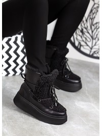 Жіночі шкіряні черевики Тедді на шнурівці (хутро) чорного кольору 34981