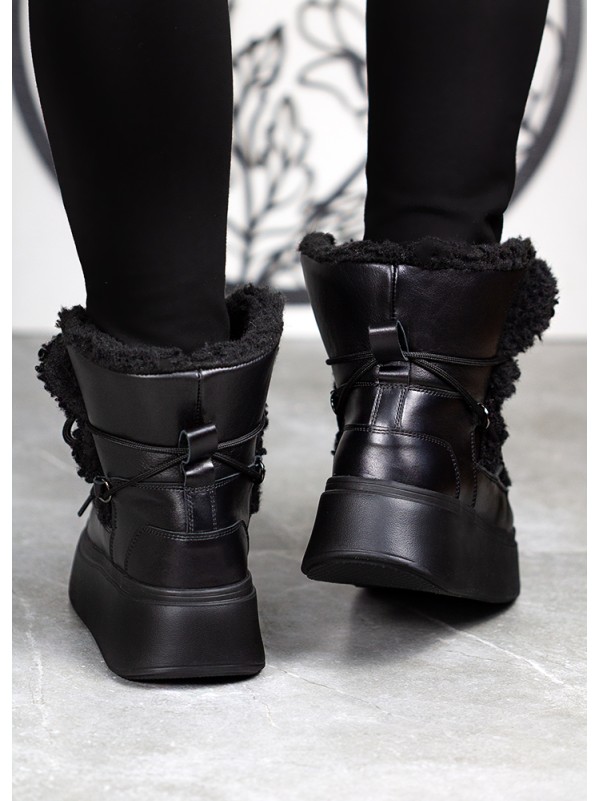 Жіночі шкіряні черевики Тедді на шнурівці (хутро) чорного кольору 34981