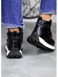 Жіночі шкіряні черевики Спорт на шнурівці (хутро) чорного кольору 34982