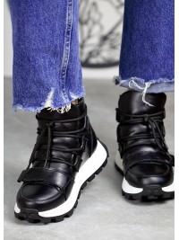 Жіночі шкіряні черевики Спорт на шнурівці (байка) чорного кольору 34983