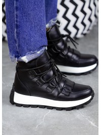 Жіночі шкіряні черевики Спорт на шнурівці (цигейка) чорного кольору 34984