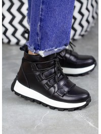 Жіночі шкіряні черевики Спорт на шнурівці (цигейка) чорного кольору 34984