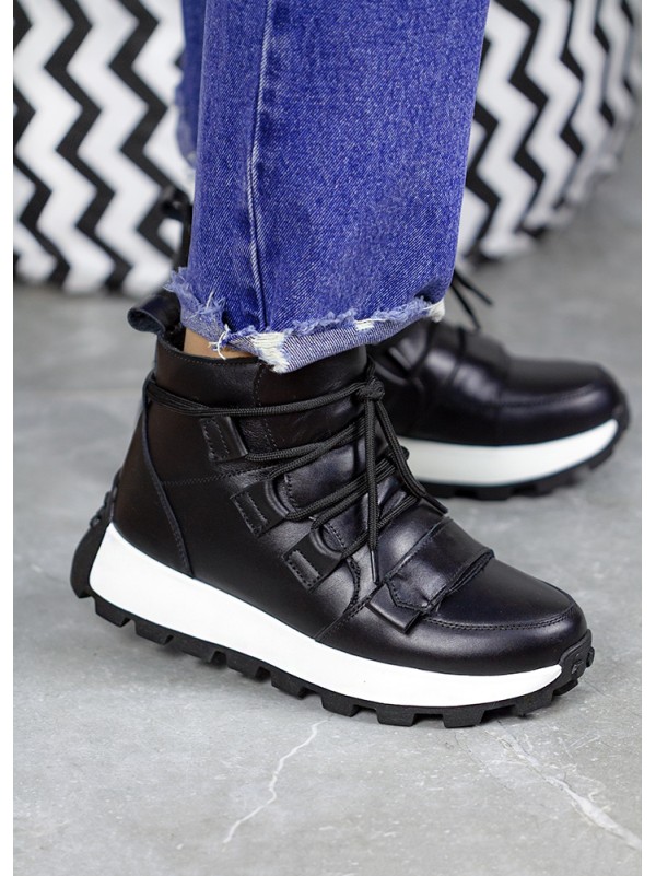 Жіночі шкіряні черевики Спорт на шнурівці (цигейка) чорного кольору 34984