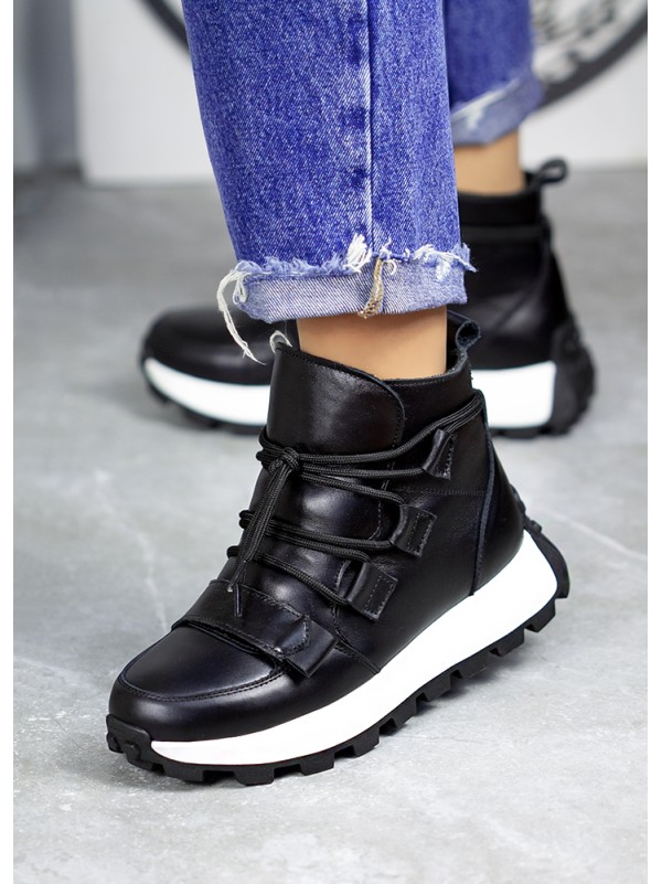 Жіночі шкіряні черевики Спорт на шнурівці (цигейка) чорного кольору 34984
