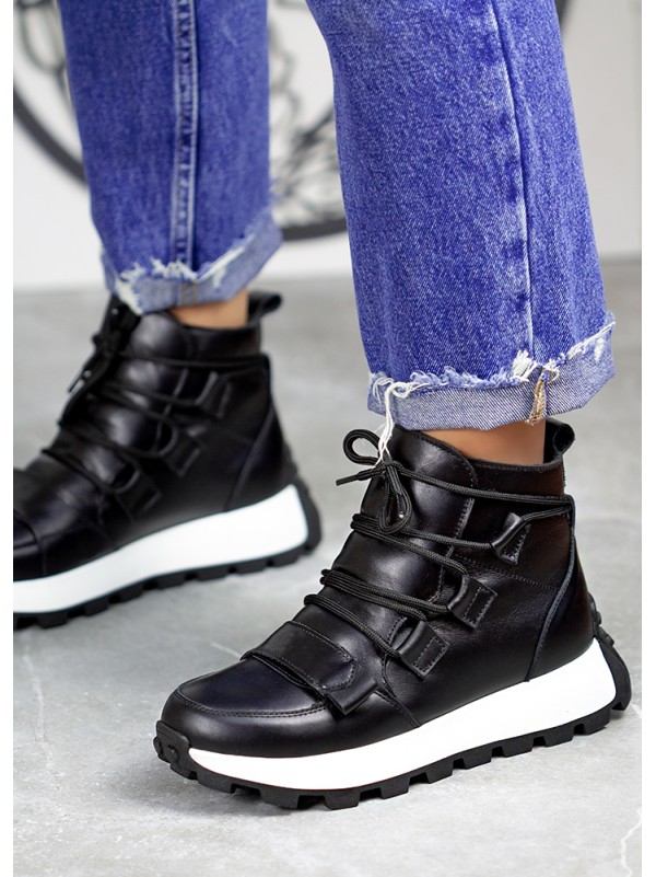 Жіночі шкіряні черевики Спорт на шнурівці (цигейка) чорного кольору 34984