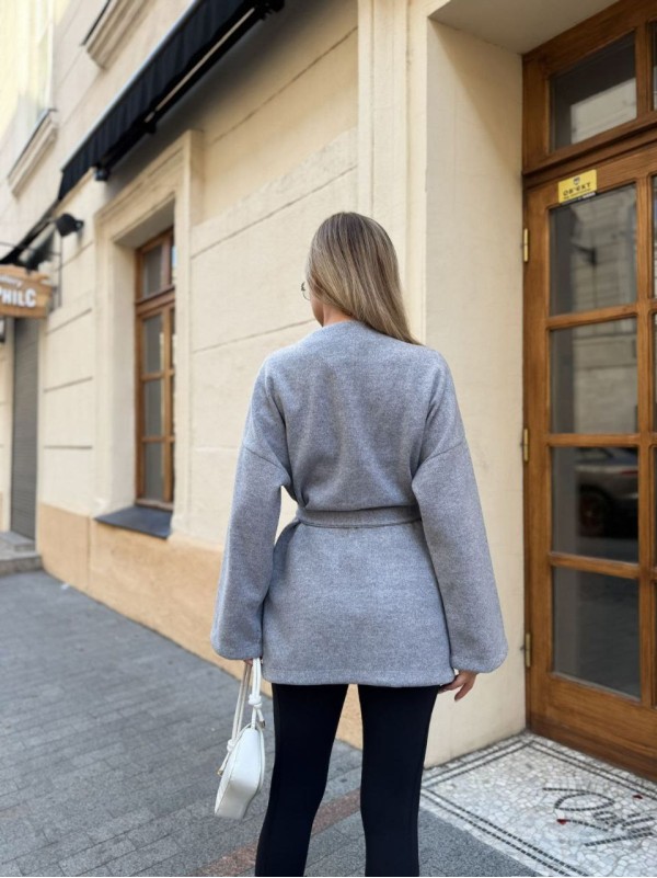 Жіночий кардиган з поясом сiрого кольору 35002