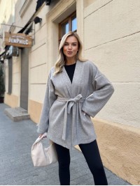 Жіночий кардиган з поясом бежевого кольору 35003