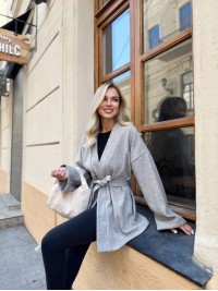 Жіночий кардиган з поясом бежевого кольору 35003