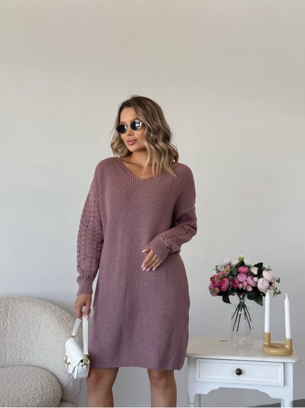 В'язана сукня з ажурними рукавами пудрового кольору 35024