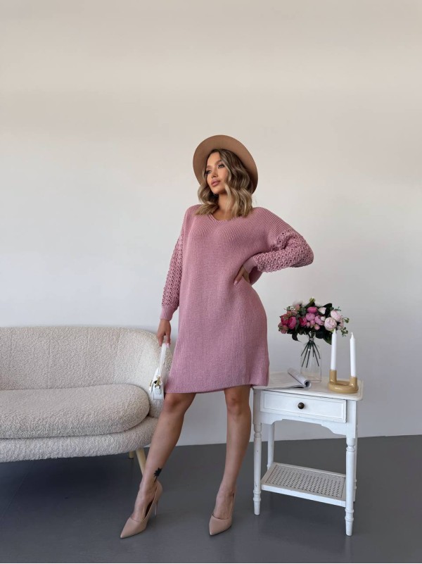 В'язана сукня з ажурними рукавами рожевого кольору 35028