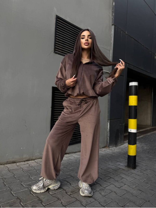 Велюровий жіночий костюм на блискавці кавового кольору 35033