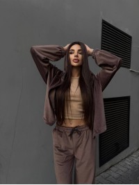 Велюровий жіночий костюм на блискавці кавового кольору 35033