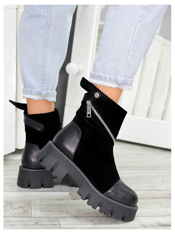 Жіночі черевики натуральна шкіра+замш (хутро) чорного кольору 35034