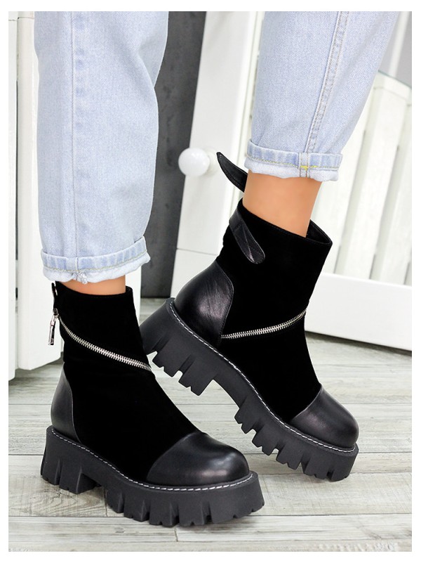 Жіночі черевики натуральна шкіра+замш (хутро) чорного кольору 35034