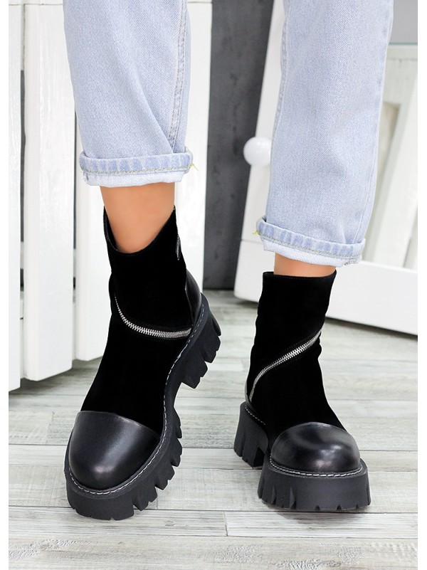 Жіночі черевики натуральна шкіра+замш (байка) чорного кольору 35035