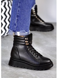 Жіночі черевики натуральна шкіра на шнурівці (байка) чорного кольору 35036