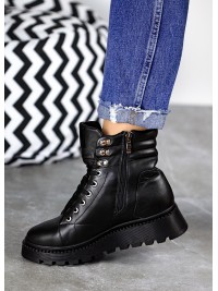 Жіночі черевики натуральна шкіра на шнурівці (хутро) чорного кольору 35037