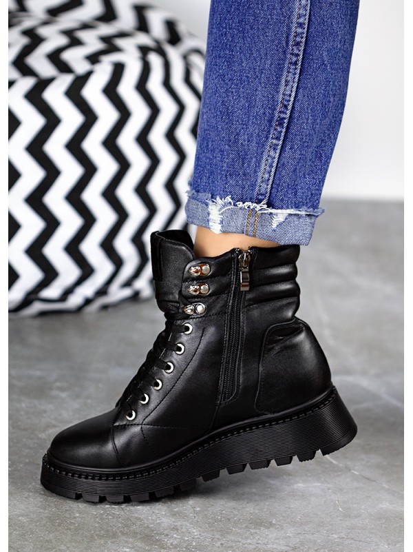 Жіночі черевики натуральна шкіра на шнурівці (хутро) чорного кольору 35037