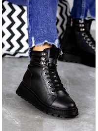 Жіночі черевики натуральна шкіра на шнурівці (хутро) чорного кольору 35037