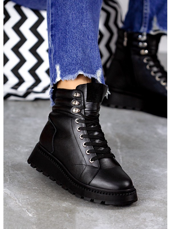 Жіночі черевики натуральна шкіра на шнурівці (хутро) чорного кольору 35037